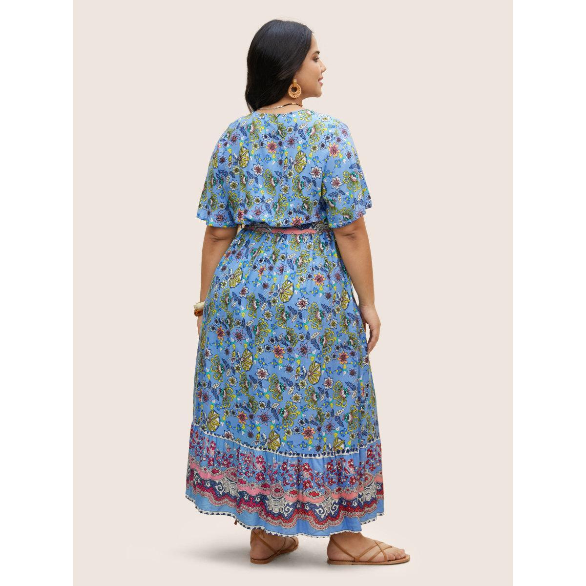 Plus Size Rayon Boho Print Overlap Collar Dress Mediumblue Women Resort Belted Overlap Collar Short sleeve Curvy BloomChic 22-24/3X Product Image