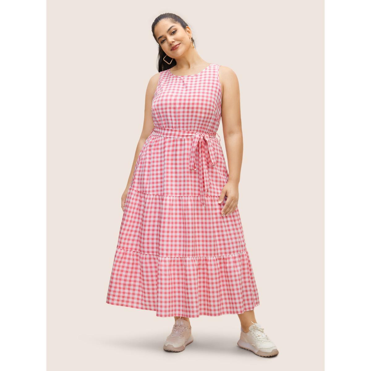 Plus Size Gingham Elastic Waist Sleeveless Maxi Dress Blush Women Casual Belted Round Neck Sleeveless Curvy BloomChic 18-20/2X Product Image