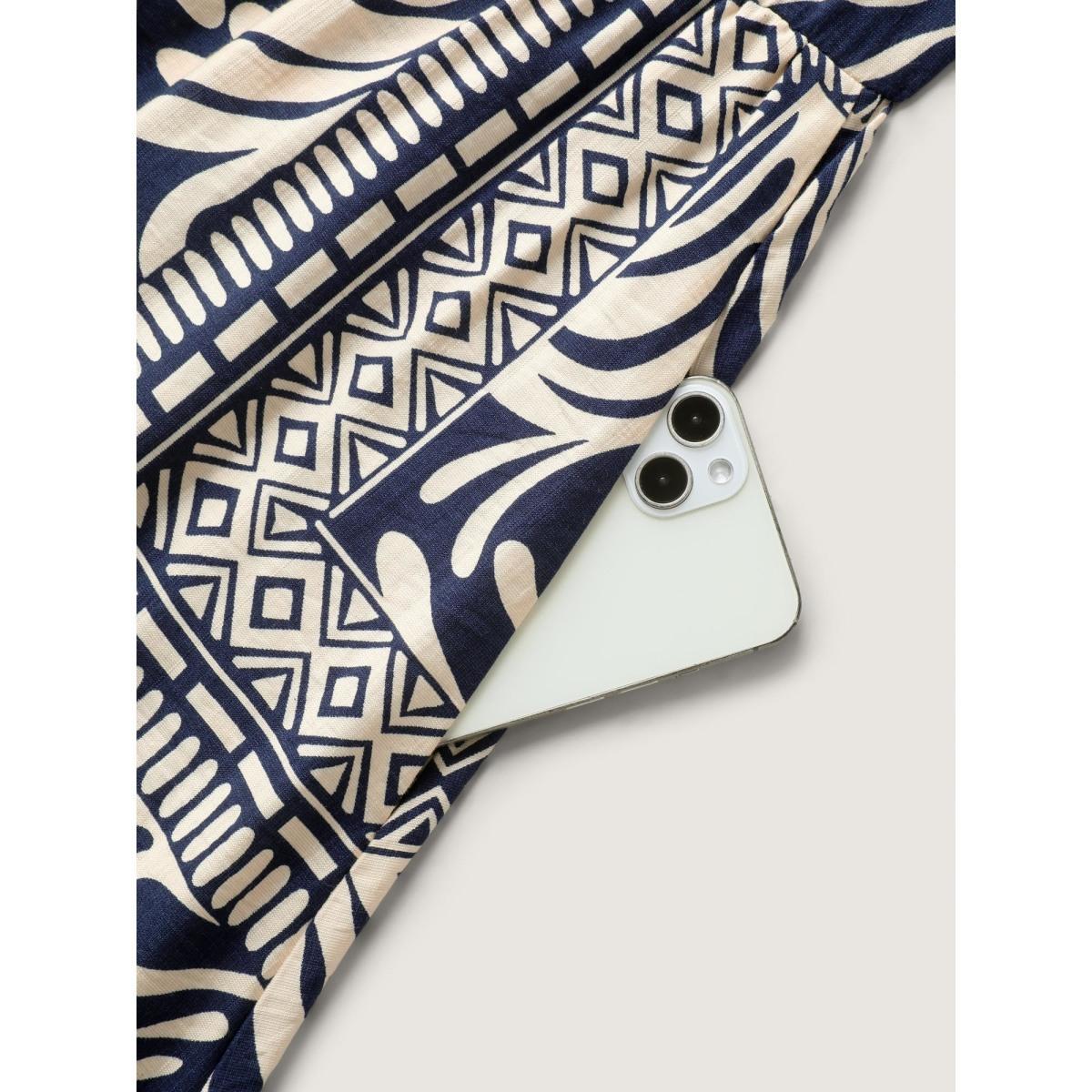 Plus Size Geometric Collage Print Pockets Midi Dress DarkBlue Women Square Neck Sleeveless Curvy BloomChic 18-20/2X Product Image