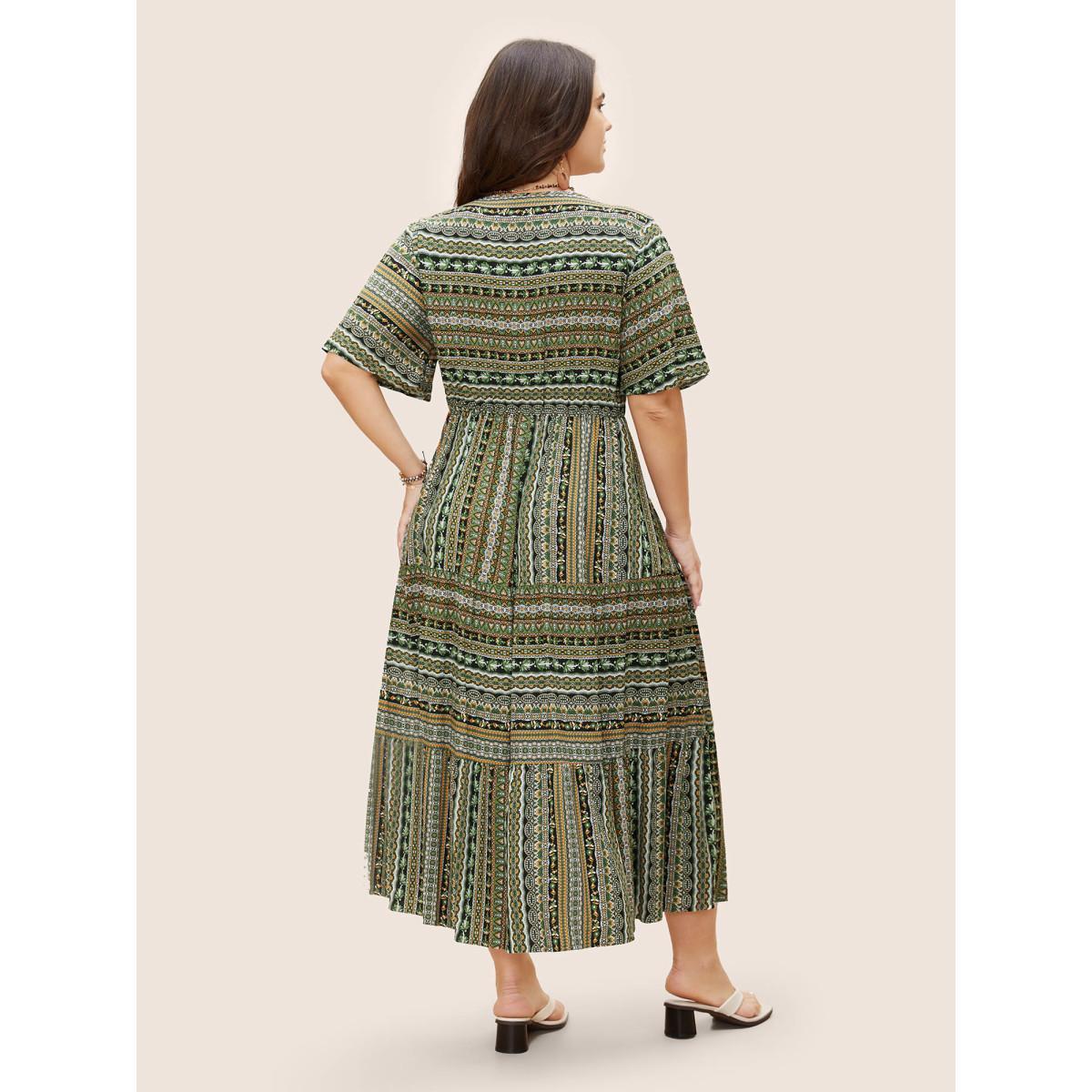 Plus Size Rayon Bandana Print Ruffle Layered Hem Dress Black Women Resort Ruffles Notched collar Short sleeve Curvy BloomChic 30/6X Product Image