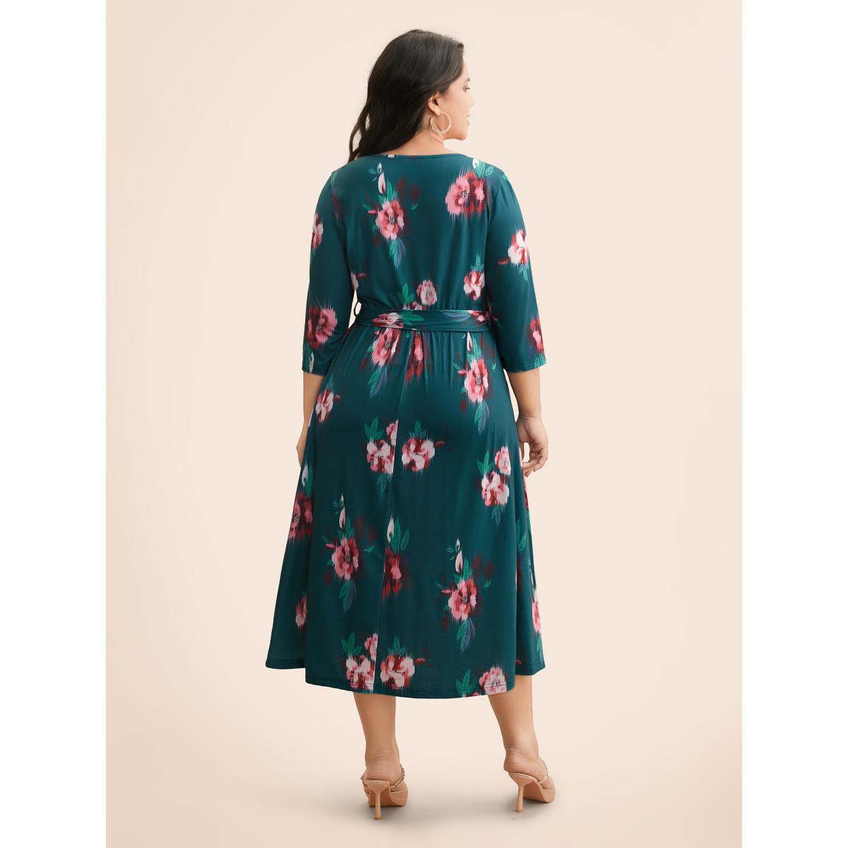 Plus Size Overlap Collar Floral Midi Dress Emerald Women Elegant Belted Overlap Collar Elbow-length sleeve Curvy BloomChic 14-16/1X Product Image