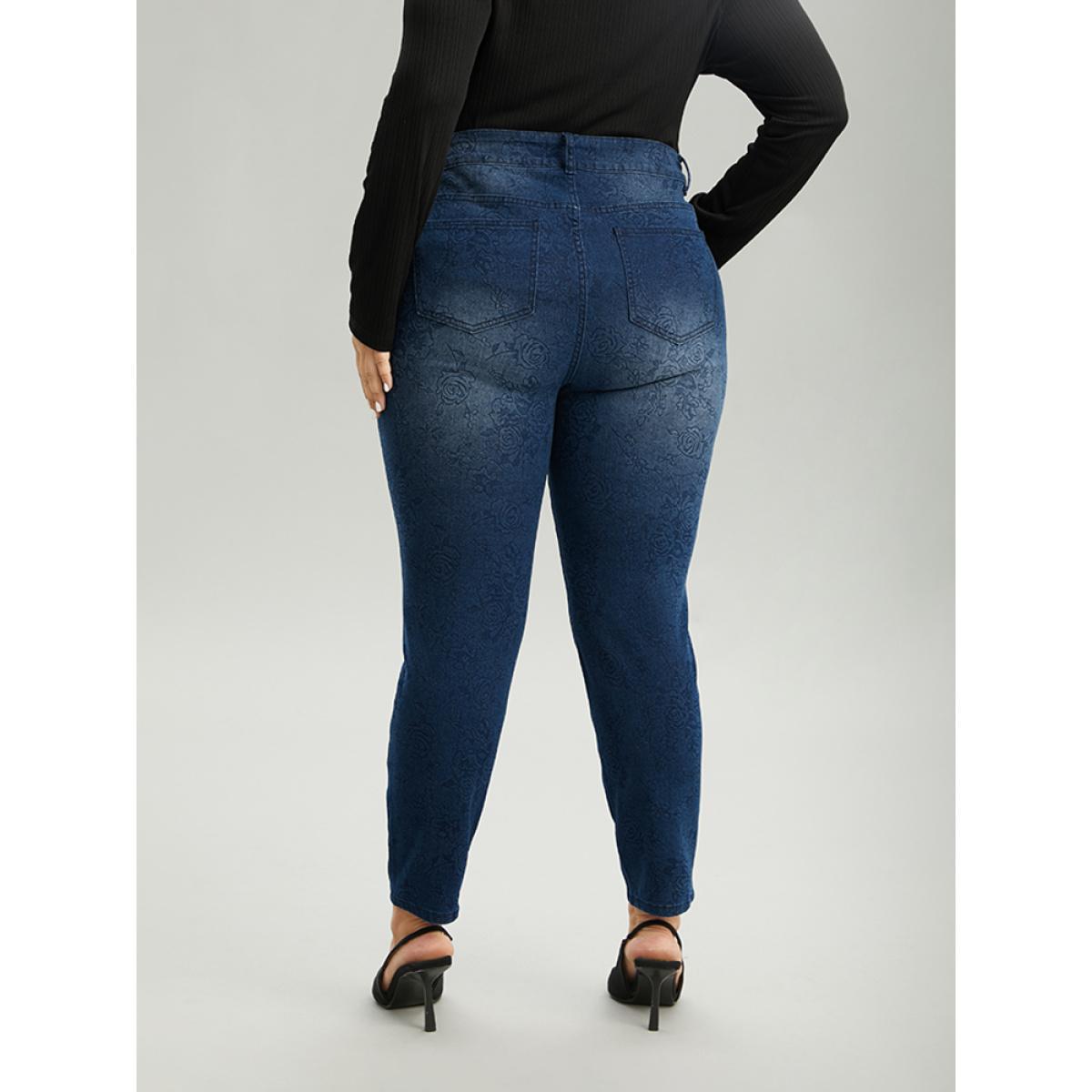 Plus Size Very Stretchy Rose Print Dark Wash Jeans Women DarkBlue Casual Floral Zipper High stretch Pocket Jeans BloomChic 22/3X Product Image