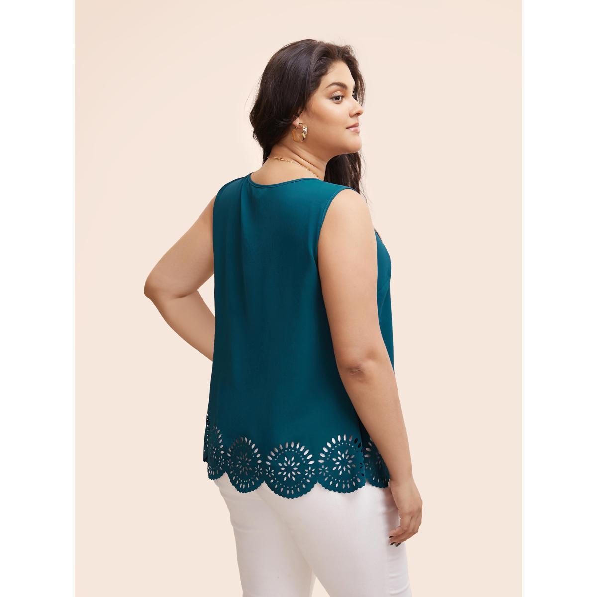 Plus Size Solid Crew Neck Laser Cut Tank Top Women Aegean Elegant Cut-Out Round Neck Everyday Tank Tops Camis BloomChic 26/4X Product Image