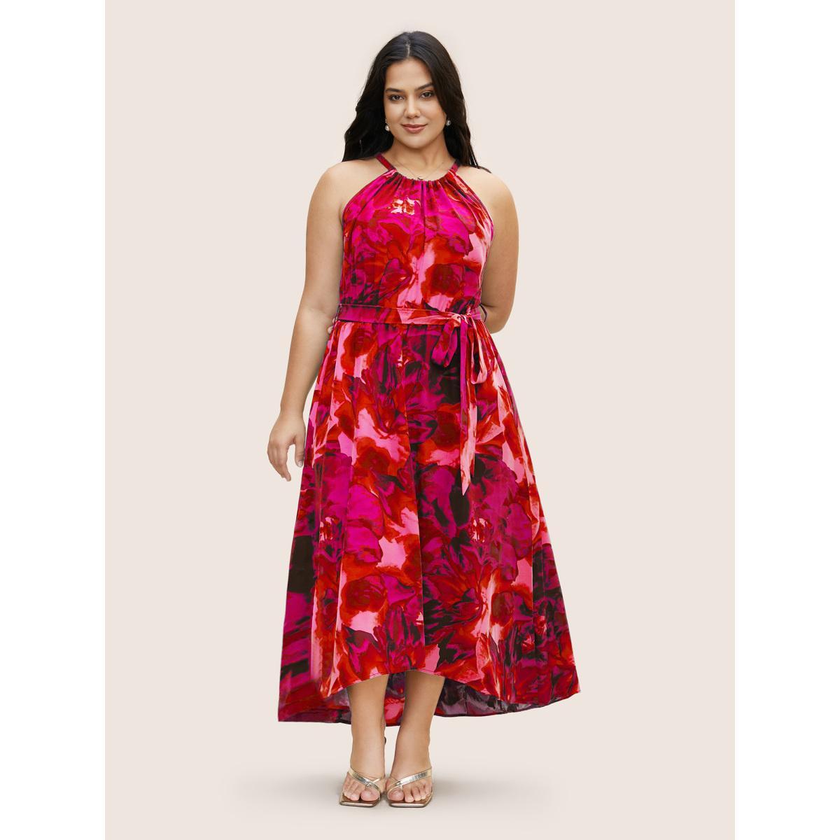 Plus Size Halter Watercolor Floral Belted Dress Crimson Women Elegant Gathered Halter neck Sleeveless Curvy BloomChic 30/6X Product Image