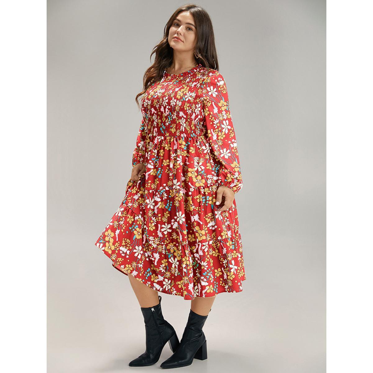 Plus Size Floral Print Keyhole Shirred Dress Salmon Women Elegant Elastic cuffs Mock Neck Long Sleeve Curvy Midi Dress BloomChic 28/5X Product Image
