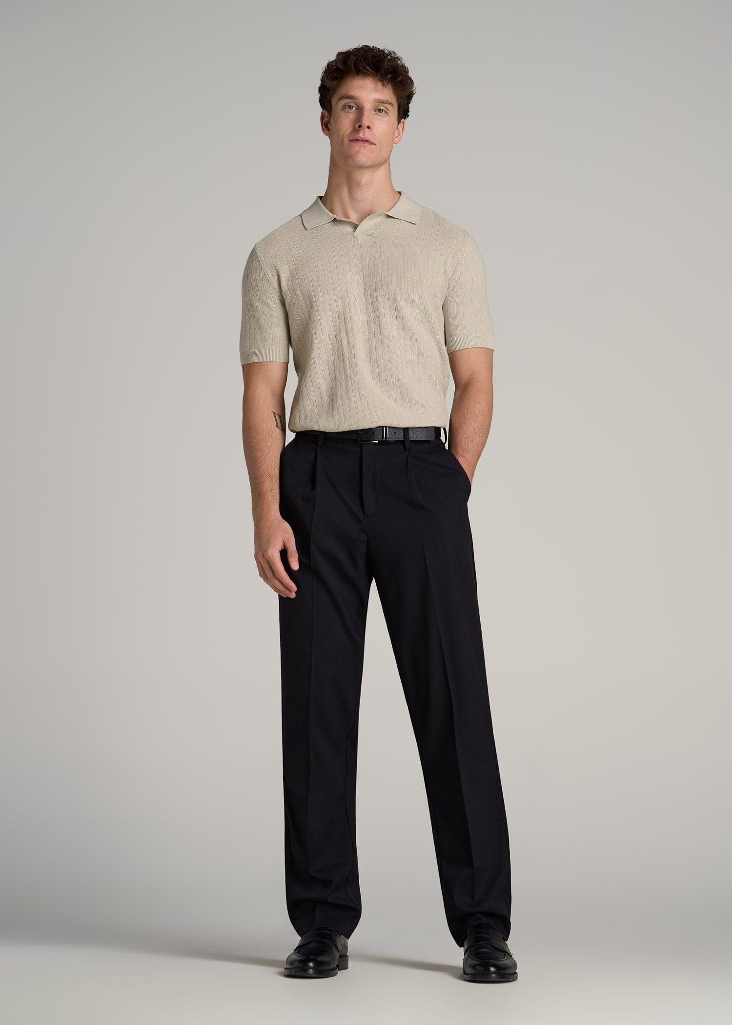 Linen Blend Ribbed Knit Polo Shirt for Tall Men in Stone Product Image