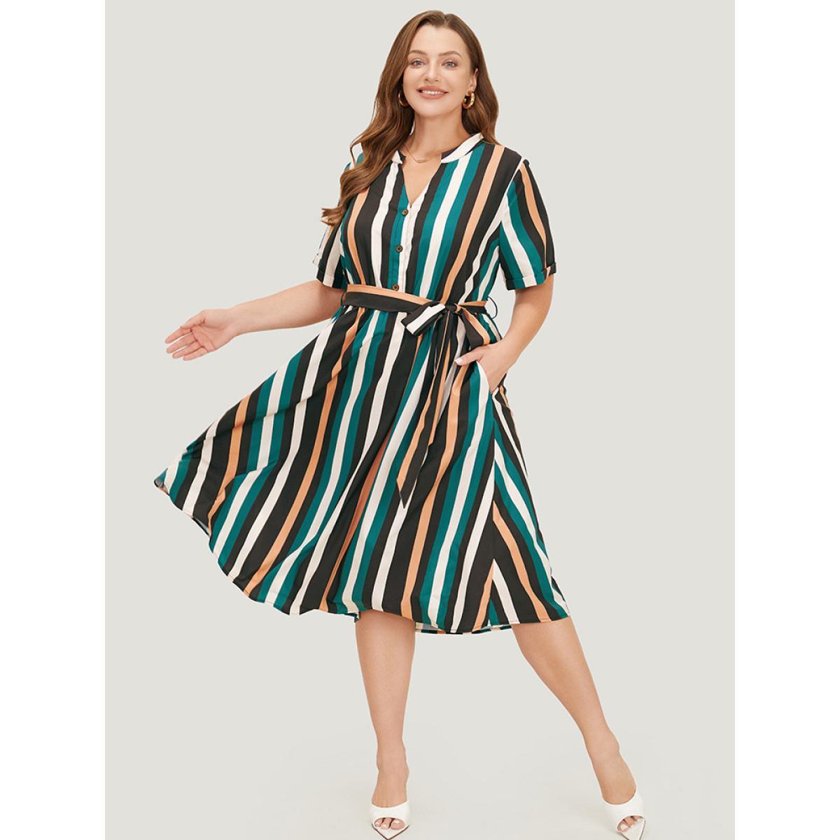 Plus Size Striped Contrast Button Detail Belt Pocket Notched Dress Multicolor Women Office Belted Notched collar Short sleeve Curvy Midi Dress BloomChic 18-20/2X Product Image