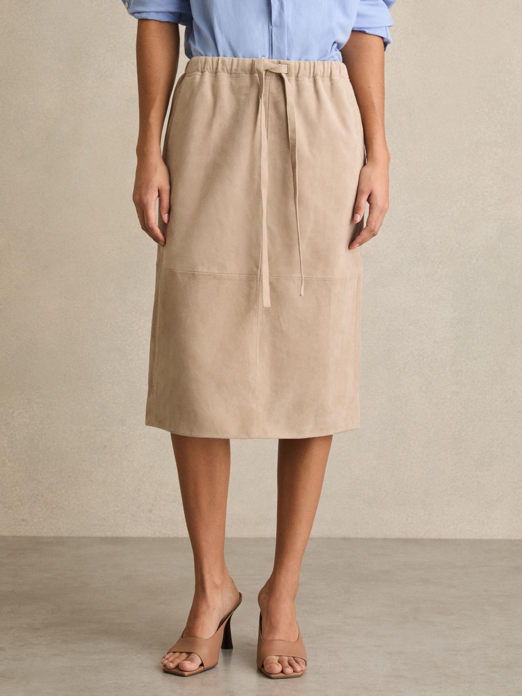 Suede Drawstring Midi Skirt in Neutral Product Image
