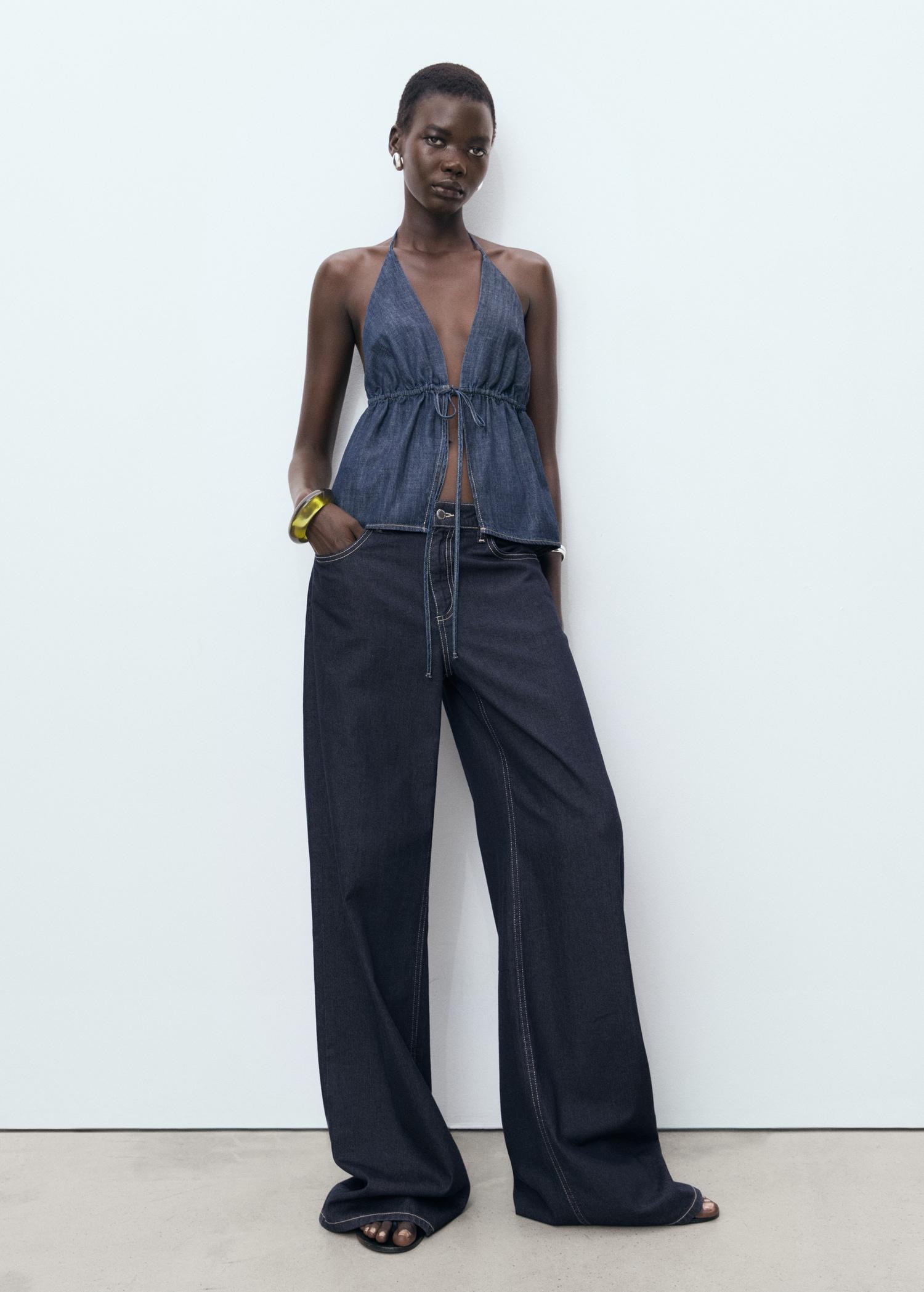 V-neck denim top with bow - Women | MANGO USA Product Image