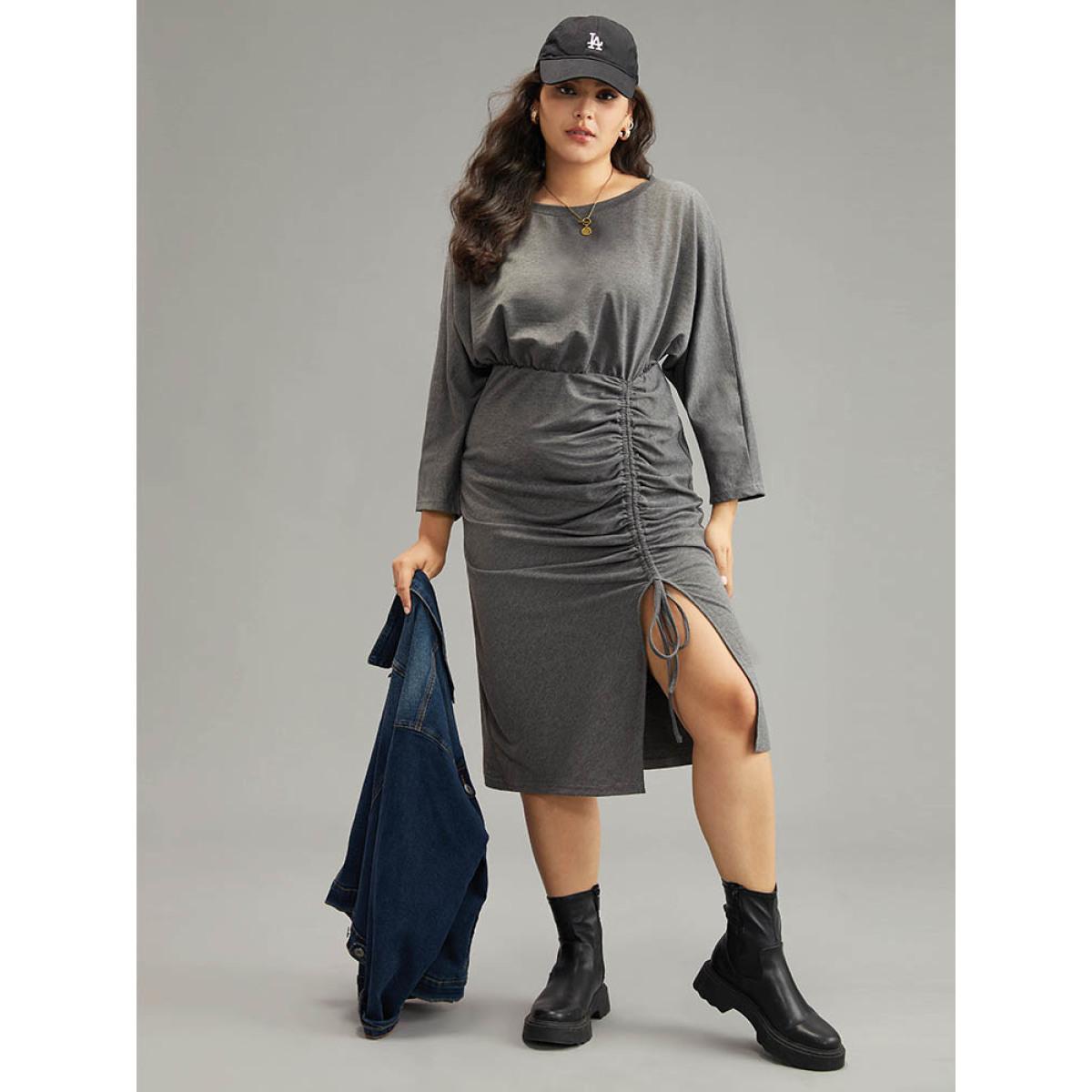 Plus Size Split Hem Drawstring Batwing Sleeve Dress DimGray Women Casual Plain Round Neck Elbow-length sleeve Curvy Midi Dress BloomChic 14-16/1X Product Image