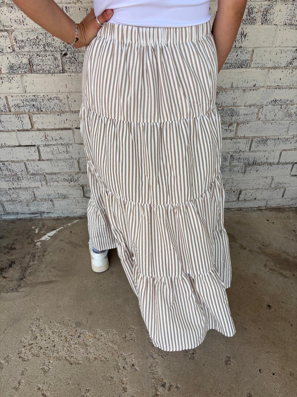 Bow Tie Tiered Taupe Stripe Maxi Skirt Product Image