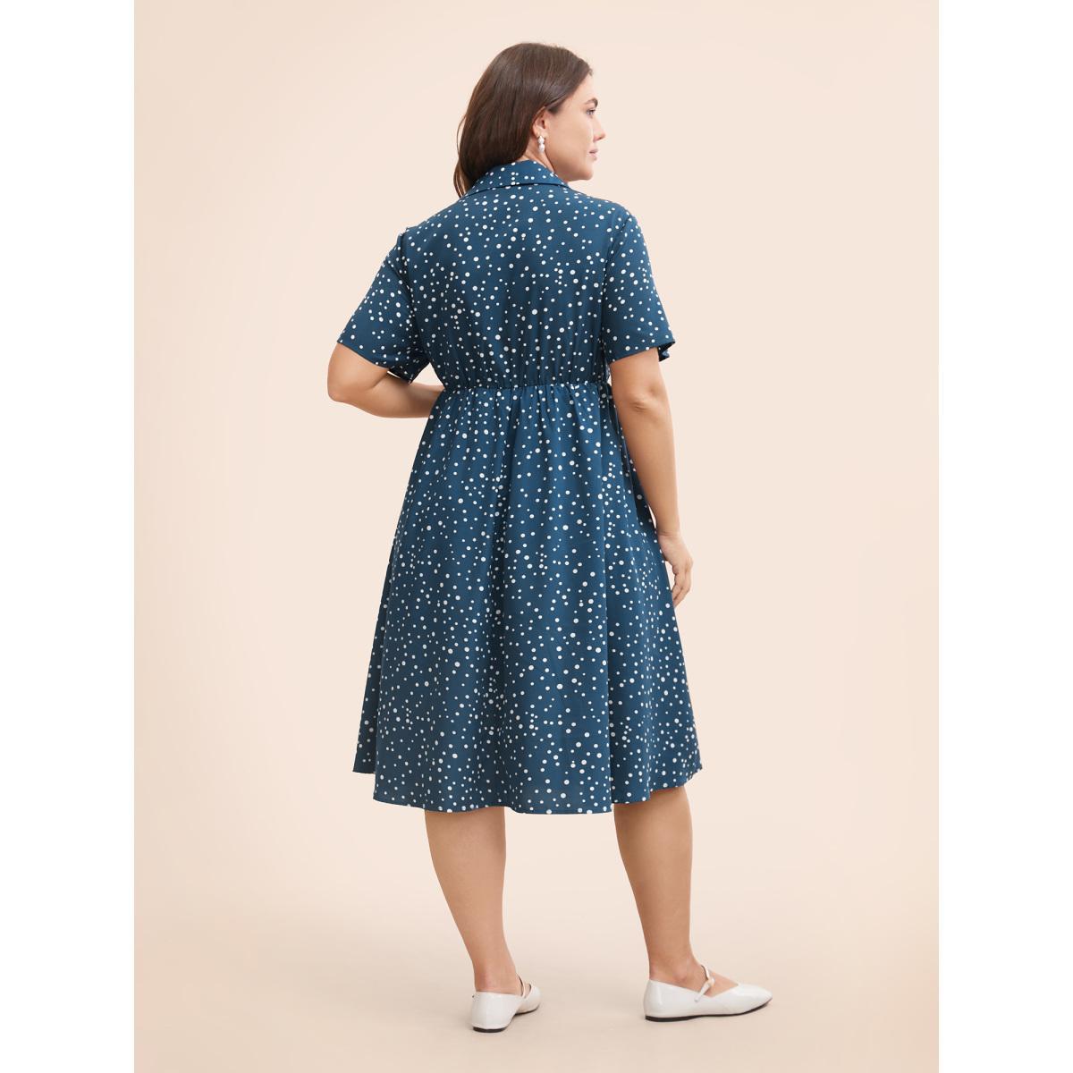 Plus Size Polka Dot Button Detail Split Hem Midi Dress Aegean Women Elegant Button Shirt collar Short sleeve Curvy BloomChic 10/M Product Image