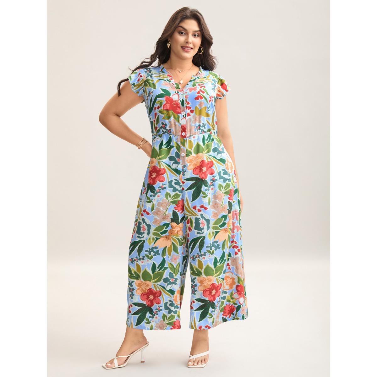 Plus Size LightBlue Sunkissed Floral Print Button Wide-Leg Jumpsuit Women Cap Sleeve Notched collar Vacation Loose Jumpsuits BloomChic 18-20/2X Product Image