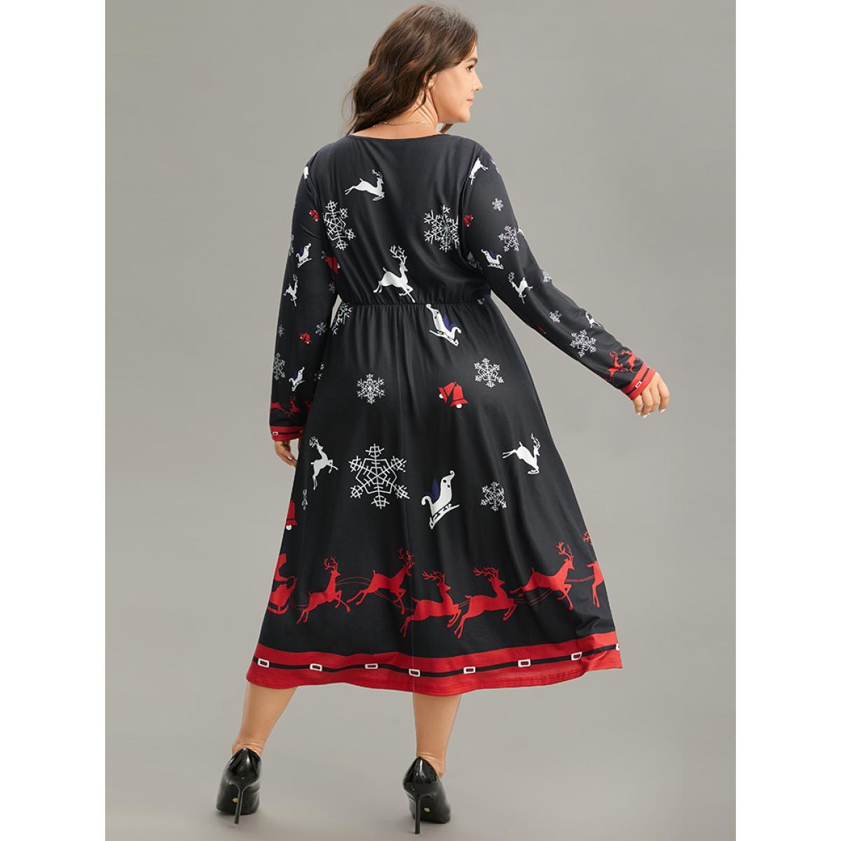 Plus Size Christmas Elk Print Contrast Elastic Waist Dress Black Women Office Printed Round Neck Long Sleeve Curvy Midi Dress BloomChic 22-24/3X Product Image