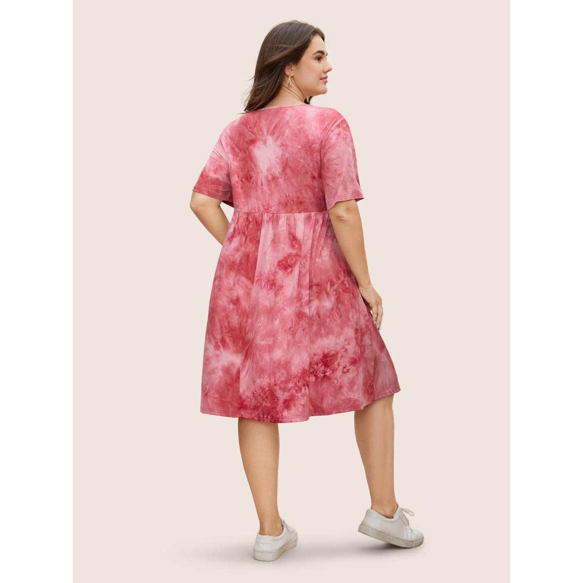 Plus Size Tie Dye Pocket Ruffle Hem Knee Dress Scarlet Women Casual Non Round Neck Short sleeve Curvy Knee Dress BloomChic 30/6X Product Image