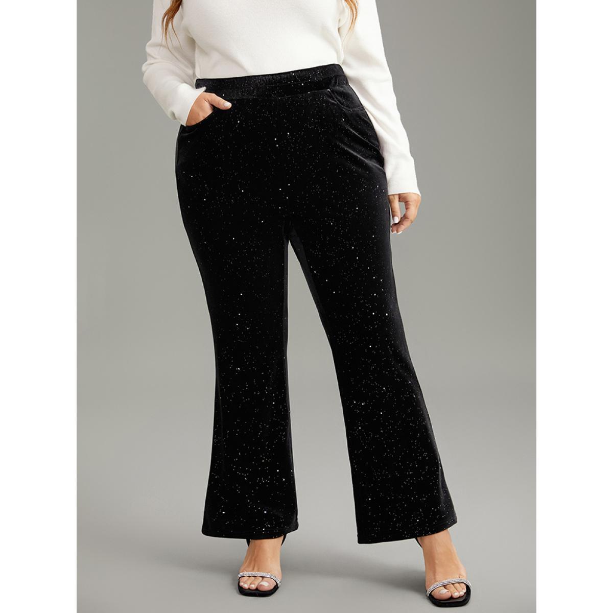 Plus Size Velvet Glitter Patchwork Pocket Flare Leg Pants Women Black Glamour Flare Leg High Rise Festival-Christmas Pants BloomChic 12/L Product Image