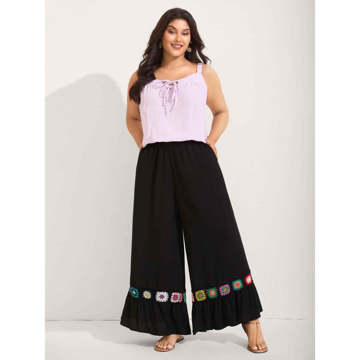 Plus Size Stretchy Waist Crochet Floral Wide-Leg Pants Women Black Beach Wide Leg Mid Rise Vacation Pants BloomChic 22-24/3X Product Image