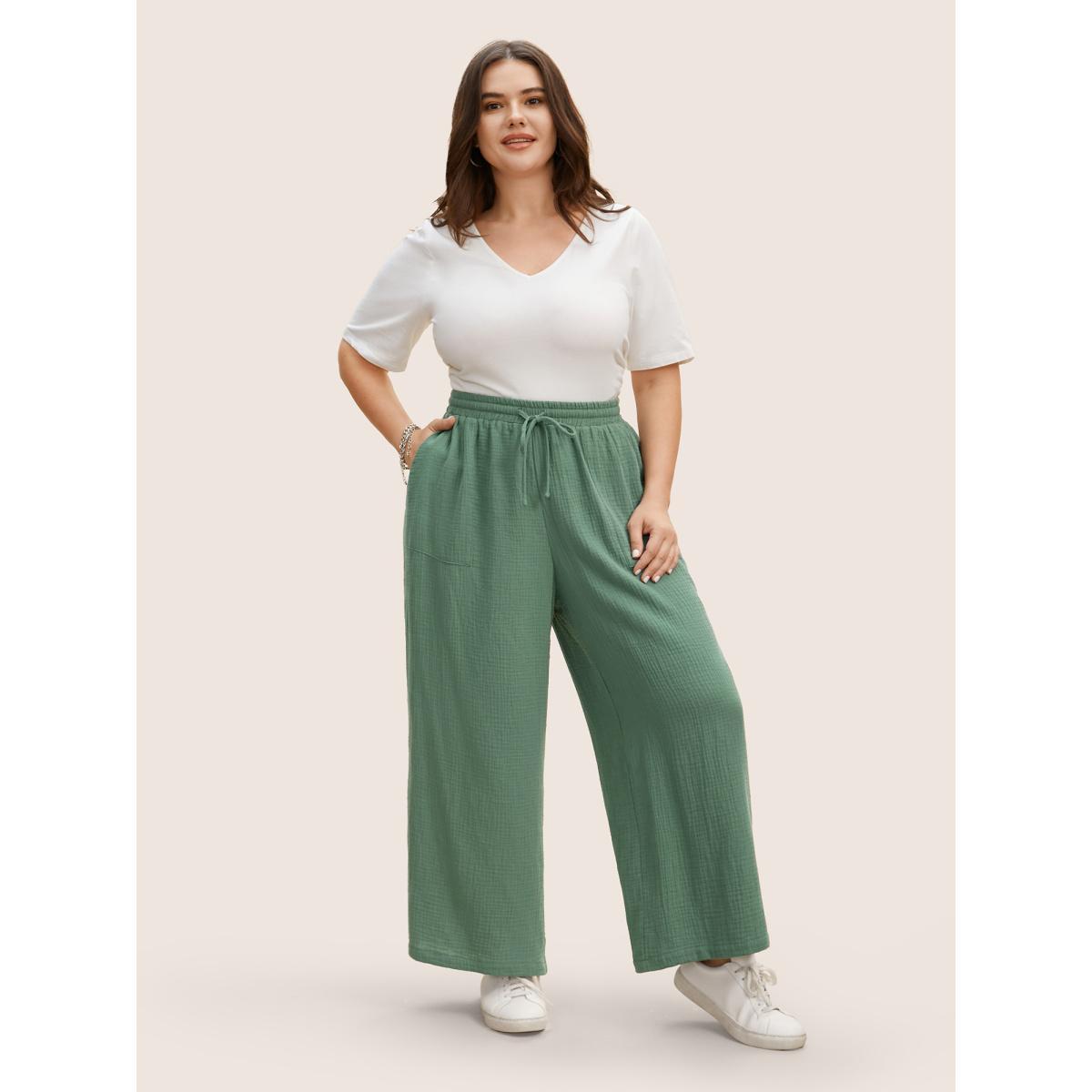 Plus Size Plain Textured Drawstring Wide Leg Pants Women Emerald Casual Wide Leg Mid Rise Everyday Pants BloomChic 22-24/3X Product Image