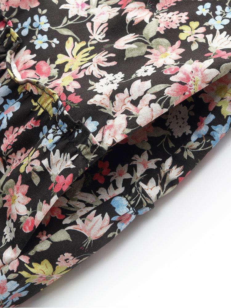Cotton Puff Sleeve Drawstring Waist Floral Print Women Midi Dress Product Image