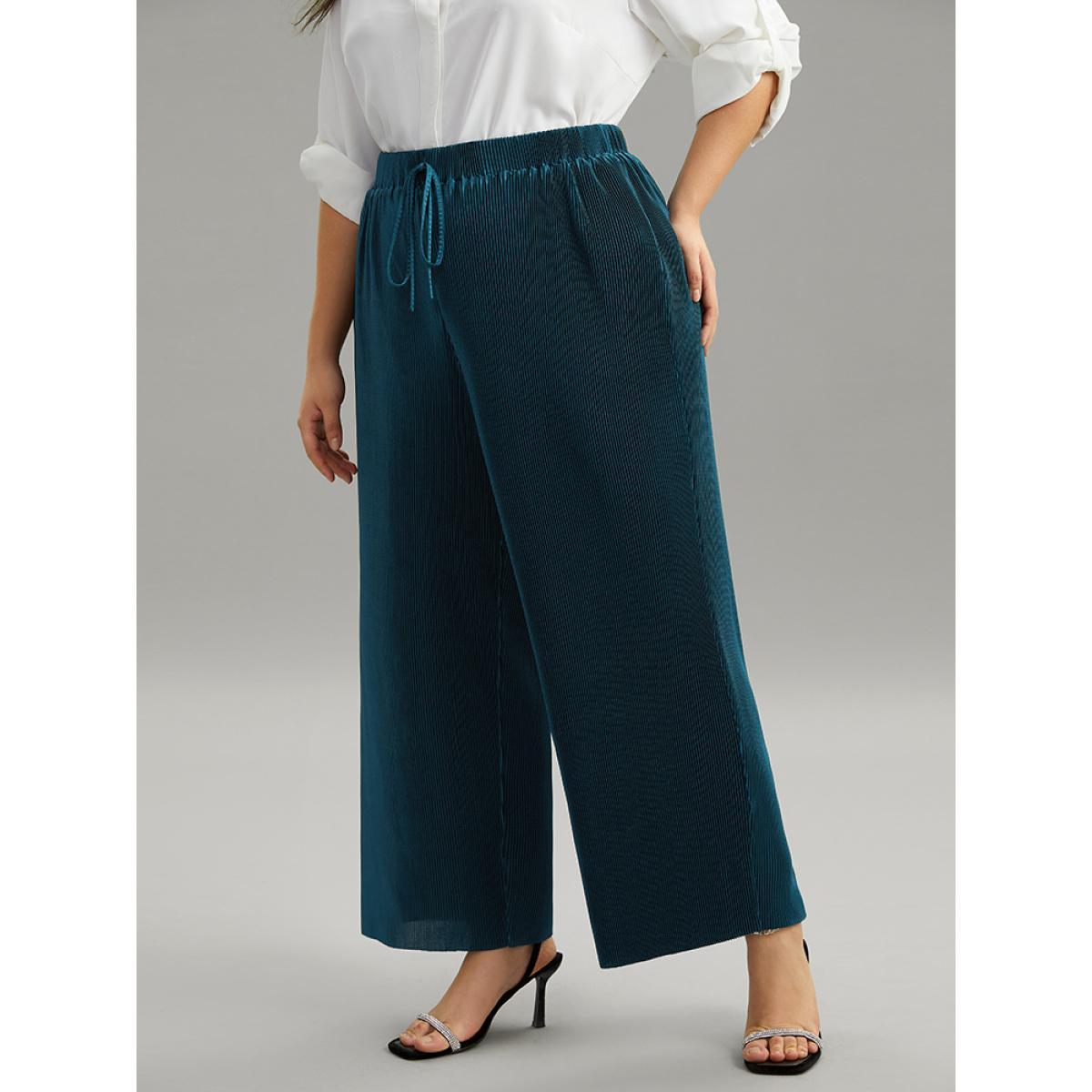 Plus Size Solid Ties Plested Straight Leg Pants Women Cyan Office Wide Leg High Rise Dailywear Pants BloomChic 12/L Product Image