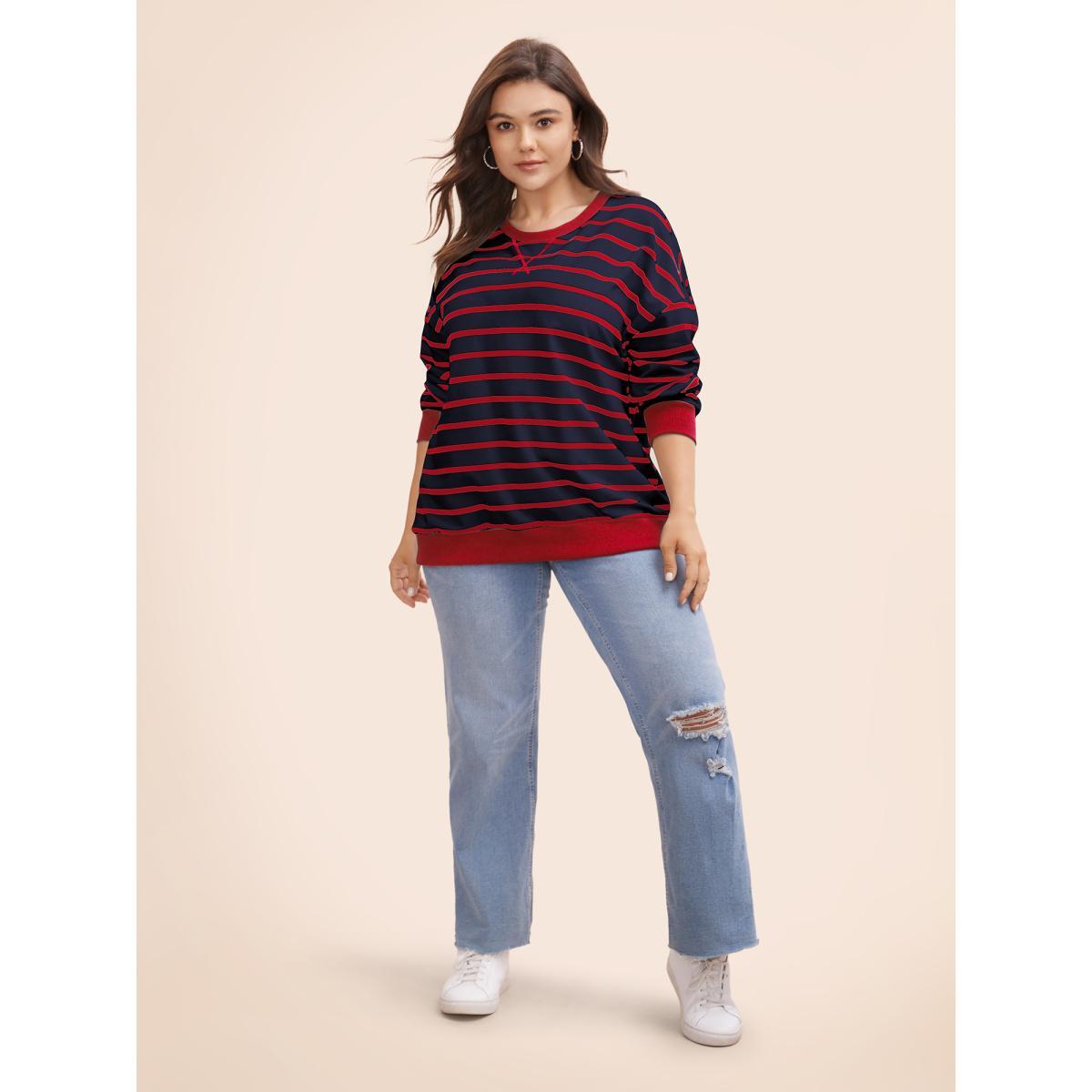 Plus Size Striped Contrast Trim Stitch Sweatshirt Women Indigo Casual Topstitching Round Neck Everyday Sweatshirts BloomChic 28/5X Product Image