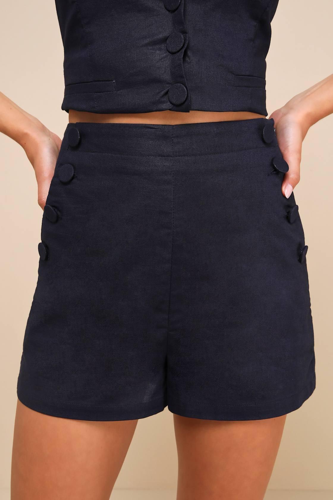 Poised Picture Navy Blue Linen Side-Button High-Rise Shorts Product Image