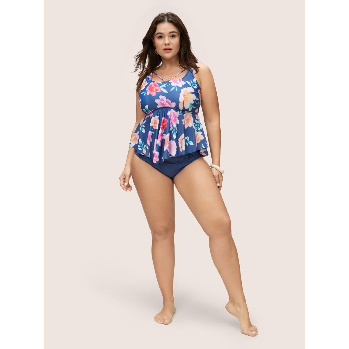 Plus Size Floral Ruffle Hem Adjustable Straps One Piece Swimsuit Women's Swimwear Cerulean Beach Non Curve Bathing Suits High stretch One Pieces BloomChic 18-20/2X Product Image