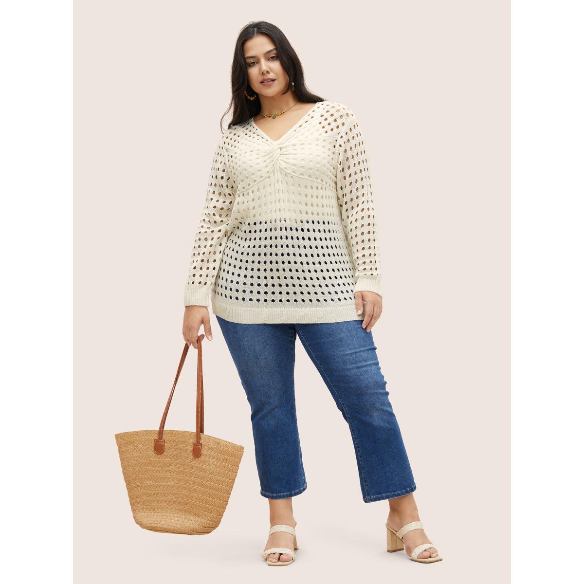 Plus Size Twist Front Pointelle Knit Split Hem Pullover Ivory Women Casual Long Sleeve Deep V-neck Everyday Pullovers BloomChic 12/L Product Image