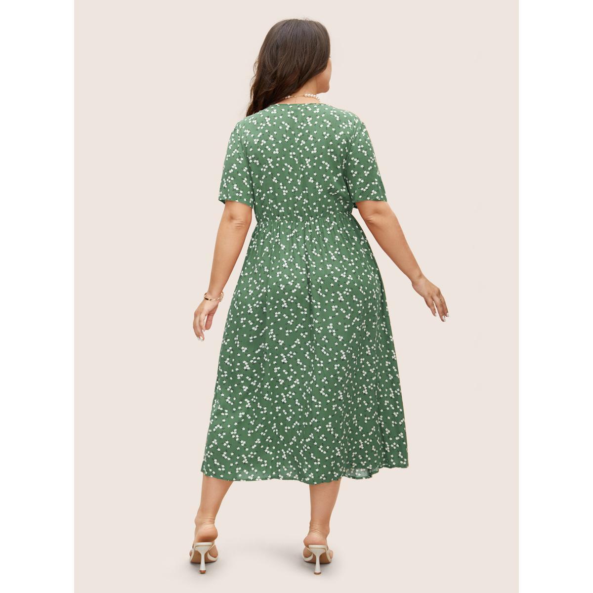 Plus Size Ditsy Floral Button Detail Elastic Waist Midi Dress Truegreen Women Elegant Gathered V-neck Short sleeve Curvy BloomChic 14-16/1X Product Image