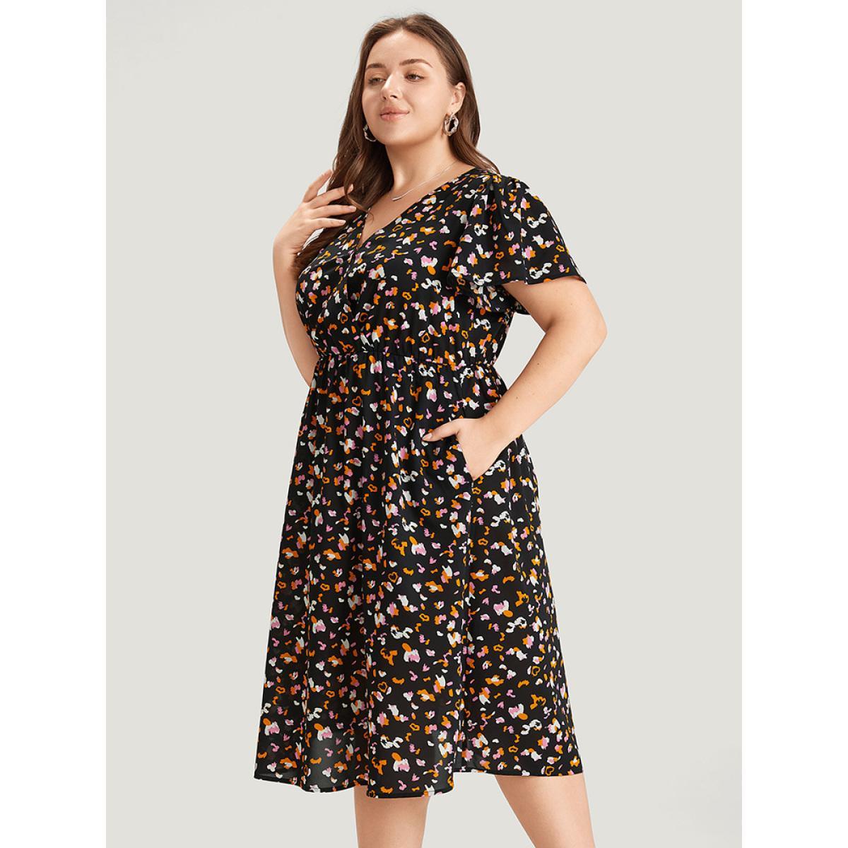 Plus Size Colour Leopard Print Wrap Elastic Waist Ruffle Hem Dress Black Women Elegant Elastic Waist V-neck Short sleeve Curvy Midi Dress BloomChic 22-24/3X Product Image