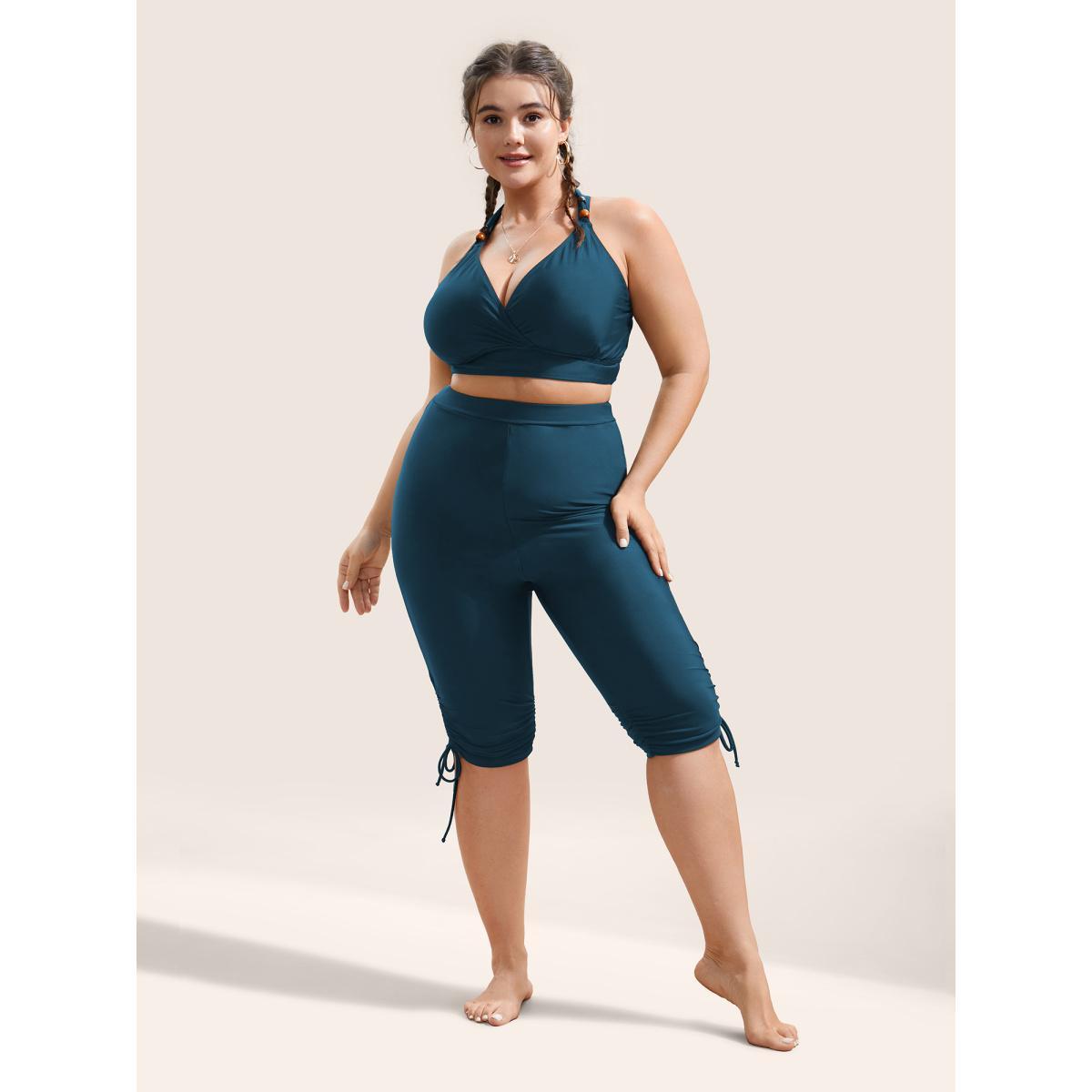 Plus Size Solid High Rise Drawstring Side Swim Bottom Women's Swimwear Teal Beach Drawstring High stretch Skinny High Rise Curve Swim Bottoms BloomChic 28/5X Product Image