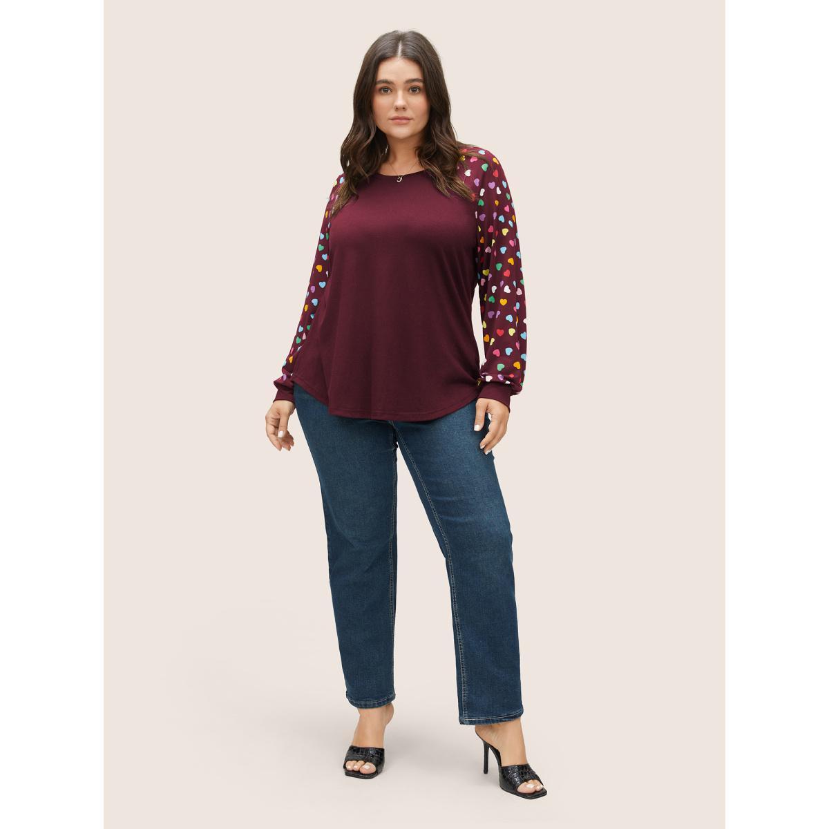 Plus Size Colour Heart Print Raglan Sleeve T-shirt Burgundy Women Elegant Non Heart Print Round Neck Everyday T-shirts BloomChic 14-16/1X Product Image