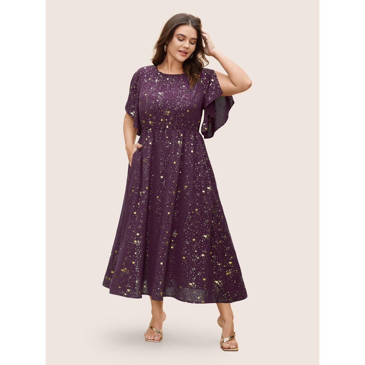 Plus Size Glitter Star Split Sleeve Midi Dress Mauve Women Elegant Gathered Round Neck Short sleeve Curvy BloomChic 12/L Product Image