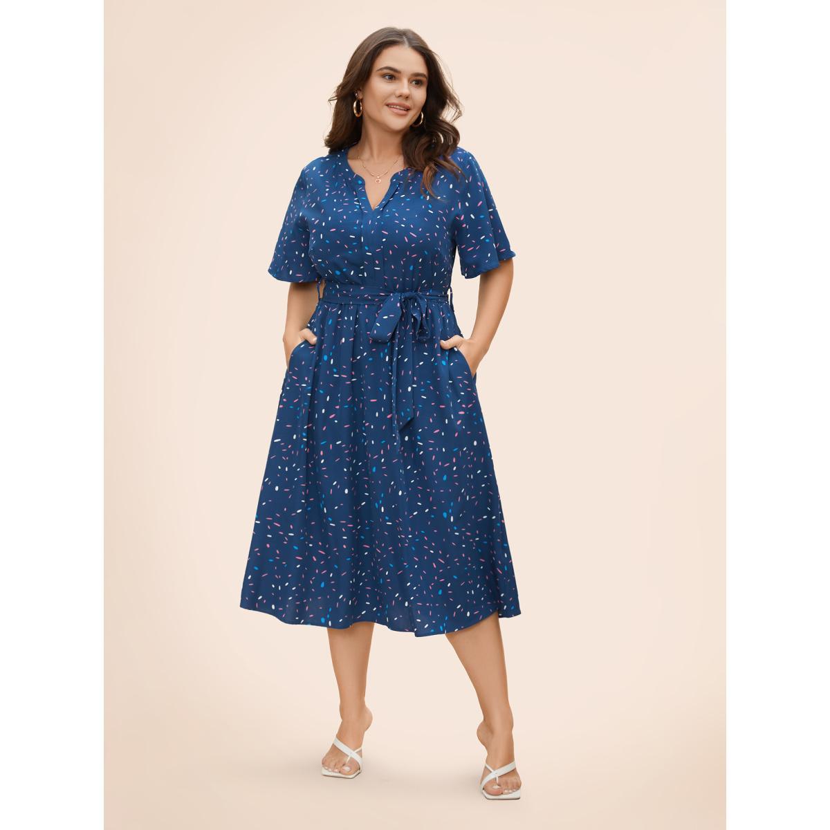 Plus Size Split Neck Confetti Print Midi Dress DarkBlue Women Elegant Belted Notched collar Short sleeve Curvy BloomChic 26/4X Product Image