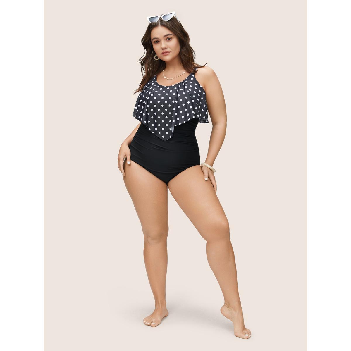 Plus Size Polka Dot Patchwork Ruffles Gathered One Piece Swimsuit Women's Swimwear Black Beach Non Curve Bathing Suits High stretch One Pieces BloomChic 22-24/3X Product Image