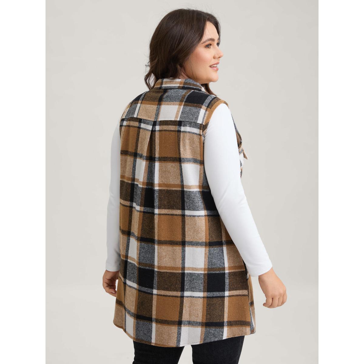 Plus Size Plaid Flap Detail Sleeveless Jacket Women Yellowishbrown Button Side seam pocket Everyday Jackets BloomChic 10/M Product Image