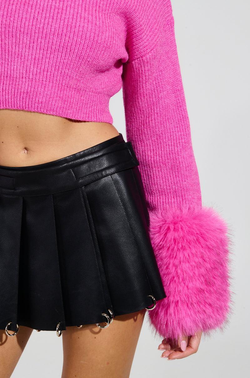 SYDNEY FUR CUFF CROPPED SWEATER IN HOT PINK Product Image