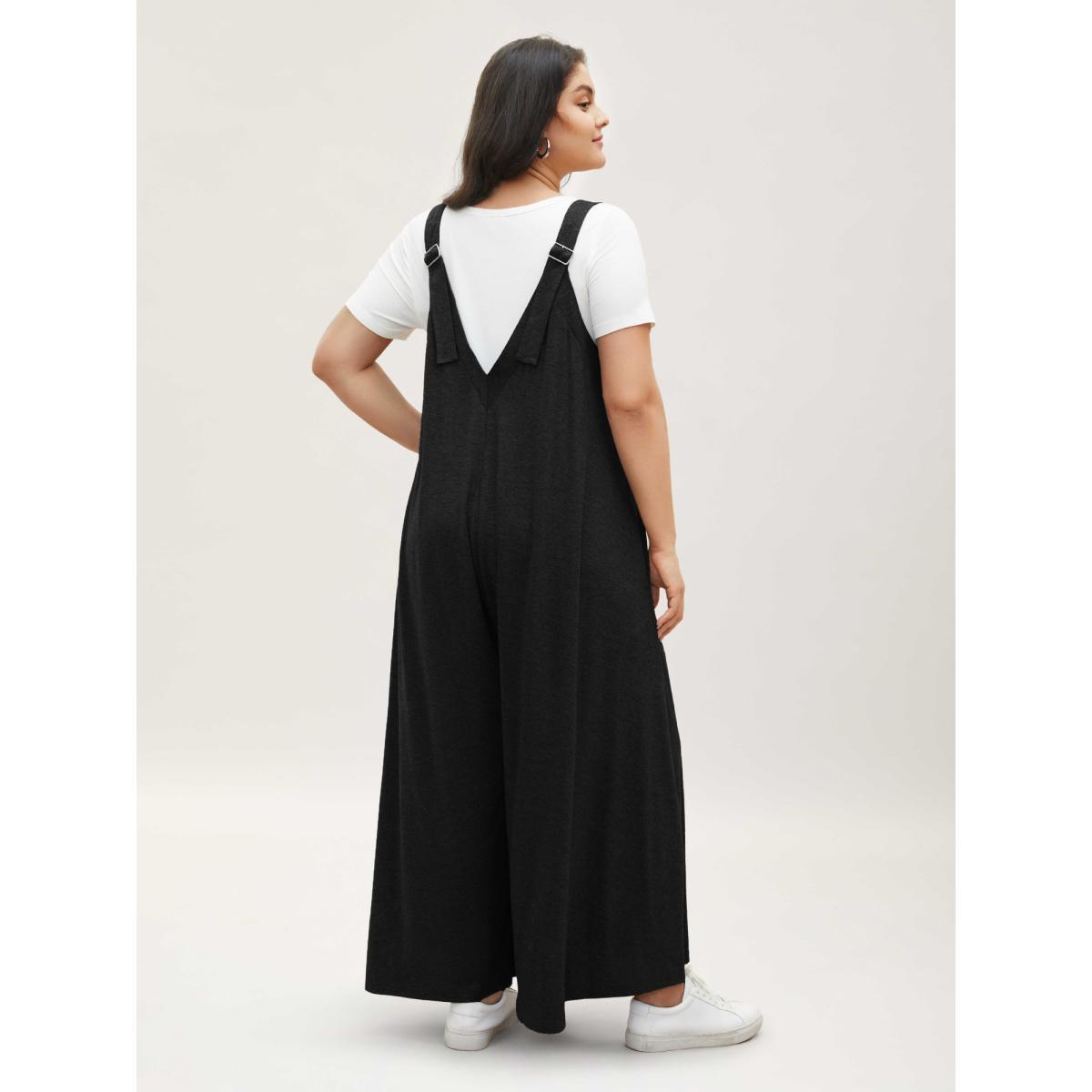 Plus Size Black Supersoft Essentials Solid Pocket Adjustable Straps Jumpsuit Women Casual Sleeveless Non Everyday Loose Jumpsuits BloomChic 30/6X Product Image