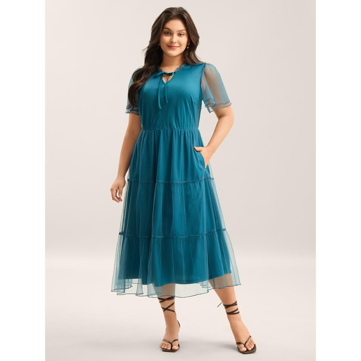 Plus Size Stretchy Waist Neck Tie Sheer Midi Dress Teal Women Flat collar with V-notch Short sleeve Curvy BloomChic 10/M Product Image