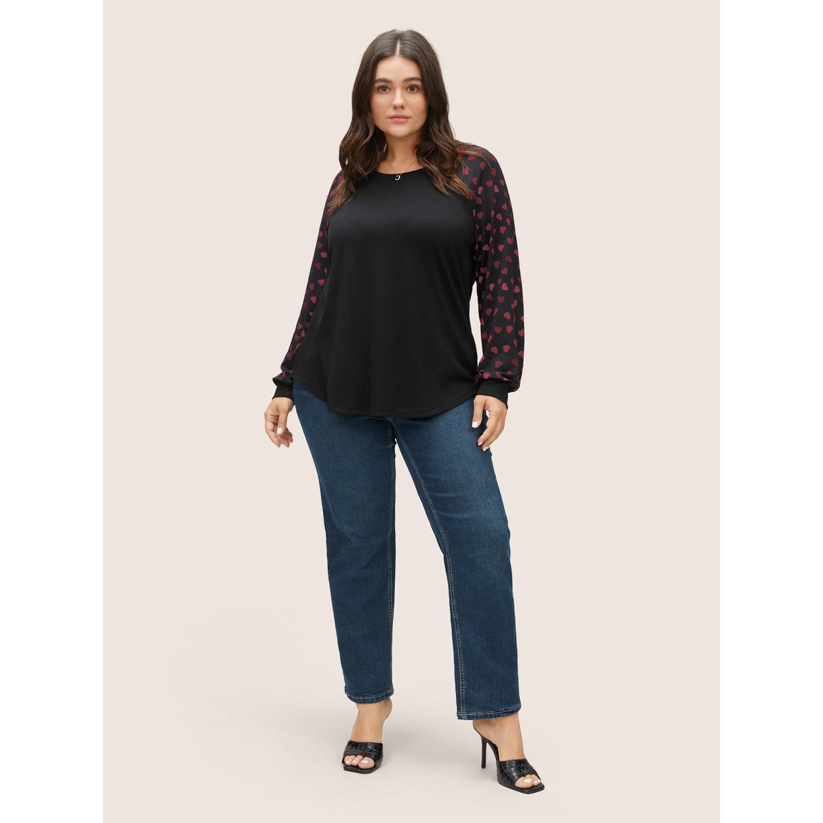 Plus Size Colour Heart Print Raglan Sleeve T-shirt Multicolor Women Elegant Non Heart Print Round Neck Everyday T-shirts BloomChic 12/L Product Image