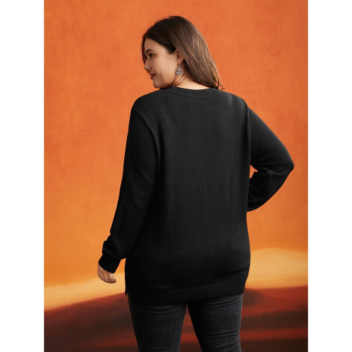 Plus Size Mink Touch Ghost Printed Pullover Black Women Casual Long Sleeve V-neck Everyday Pullovers BloomChic 28/5X Product Image