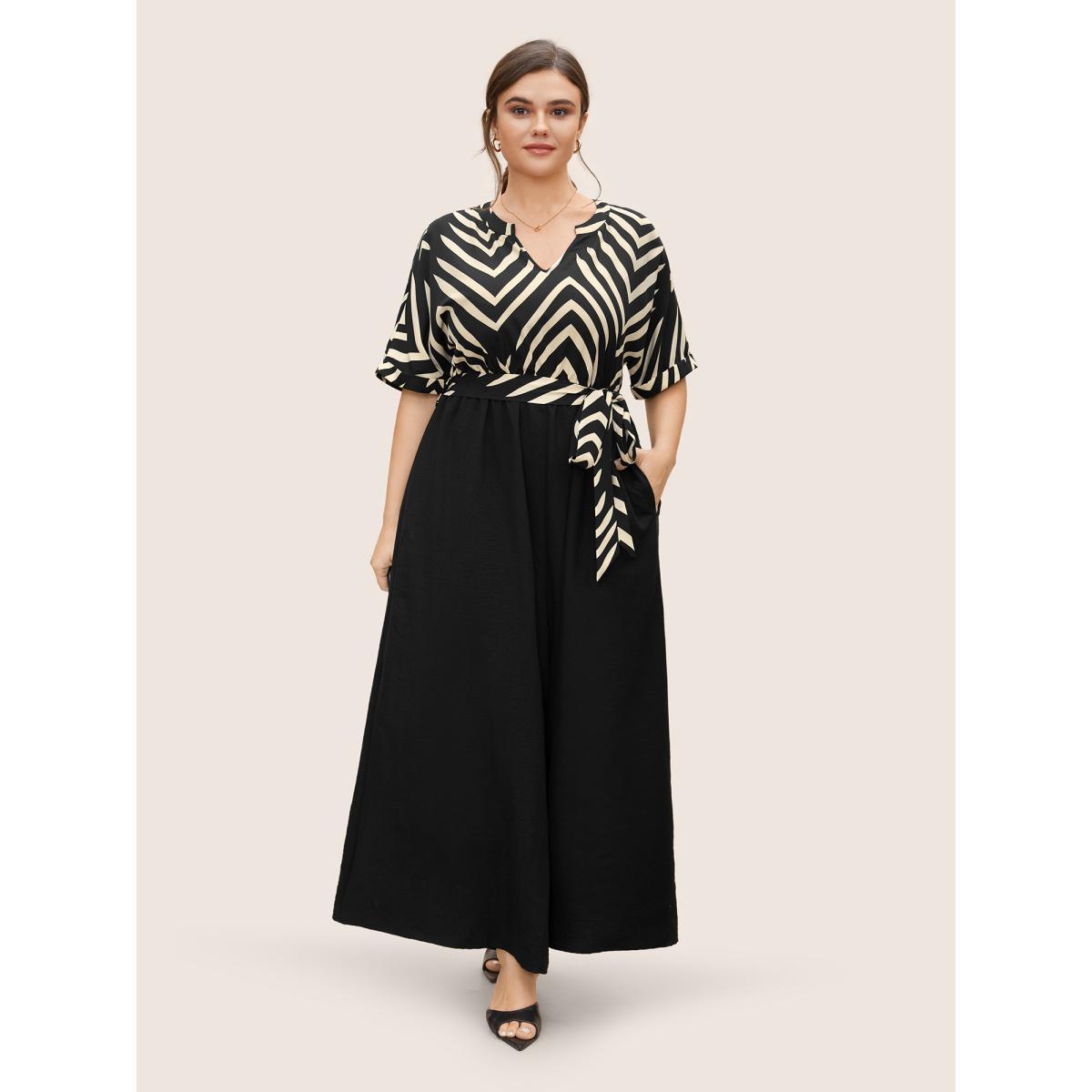 Plus Size Black Striped Patchwork Knot Cuffed Sleeve Jumpsuit Women Work From Home Half Sleeve Flat collar with V-notch Work Loose Jumpsuits BloomChic 14-16/1X Product Image
