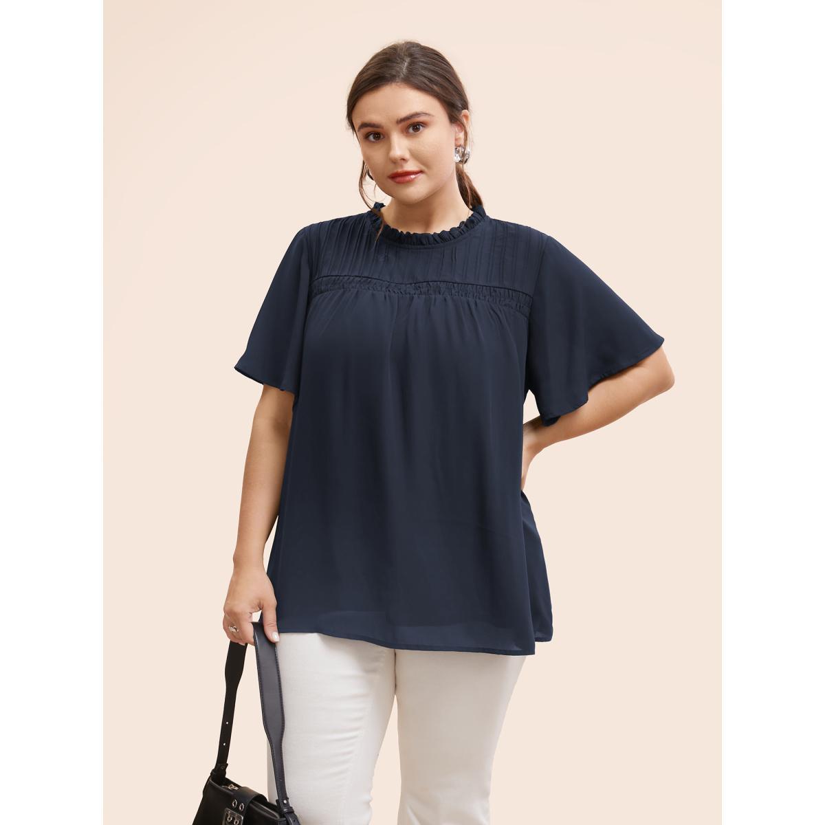 Plus Size Black Anti-Wrinkle Shirred Ruffle Sleeve Mesh Frill Trim Blouse Women Office Short sleeve Stand-up collar Work Blouses BloomChic 14-16/1X Product Image