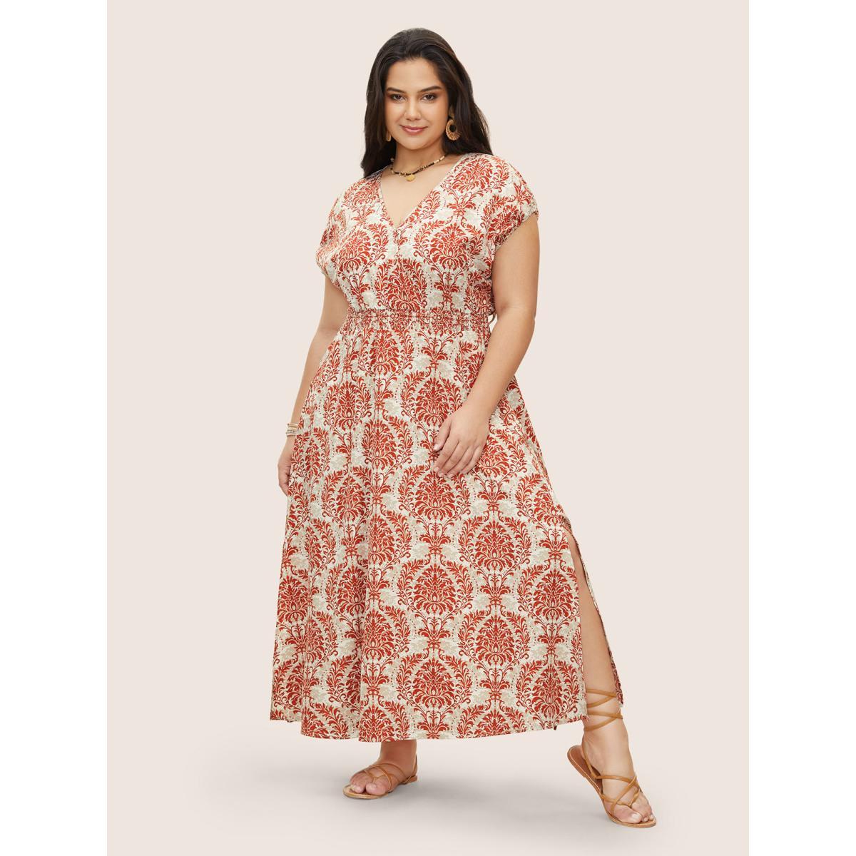 Plus Size Moroccan Print Shirred Slit Hem Dress Red Women Resort Slit V-neck Cap Sleeve Curvy Long Dress BloomChic 26/4X Product Image