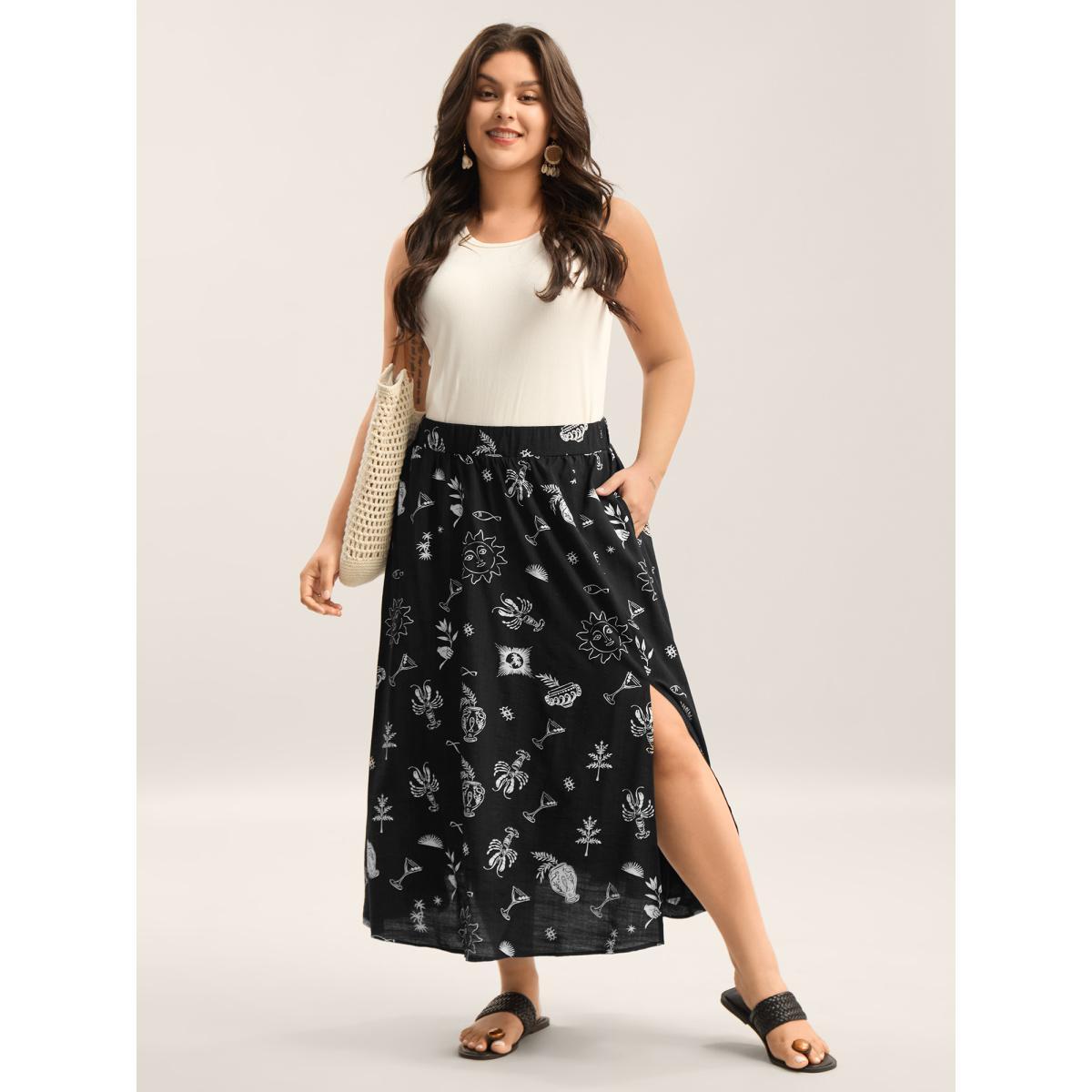 Plus Size Sunny Dance Printed Slit Maxi Skirt Women Black Beach Loose No stretch Side seam pocket Vacation Skirts BloomChic 30/6X Product Image