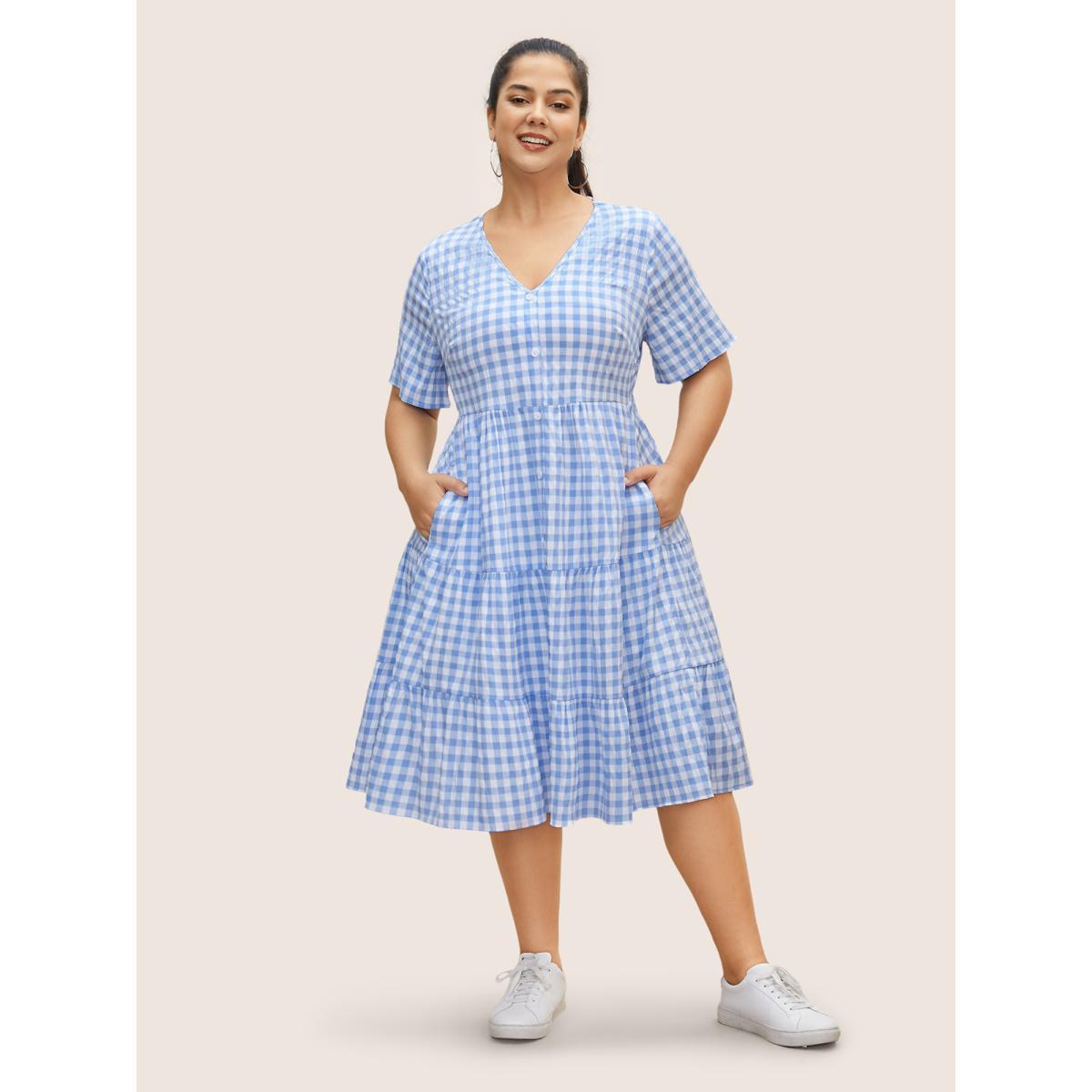 Plus Size Gingham Button Detail Ruffle Layered Hem Dress LightBlue Women Casual Button V-neck Short sleeve Curvy BloomChic 12/L Product Image