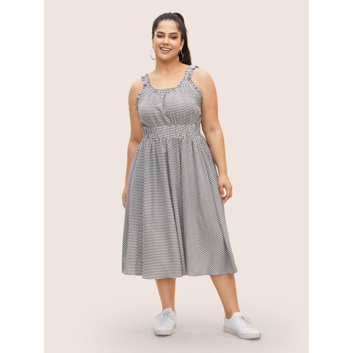 Plus Size Gingham Frill Trim Gathered Midi Dress Black Women Casual Gathered Round Neck Sleeveless Curvy BloomChic 18-20/2X Product Image