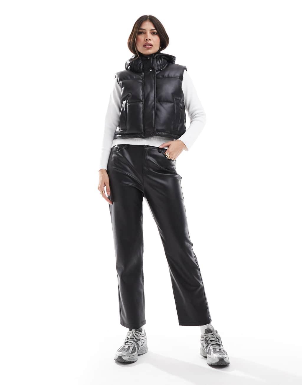Pull&Bear padded faux leather vest with hood in black Product Image