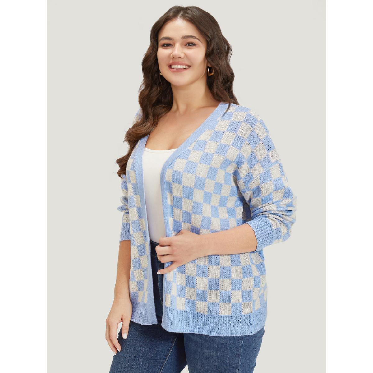 Plus Size Plaid Print Open Front Elastic Cuffs Cardigan LightBlue Women Casual Loose Long Sleeve Dailywear Cardigans BloomChic 30/6X Product Image