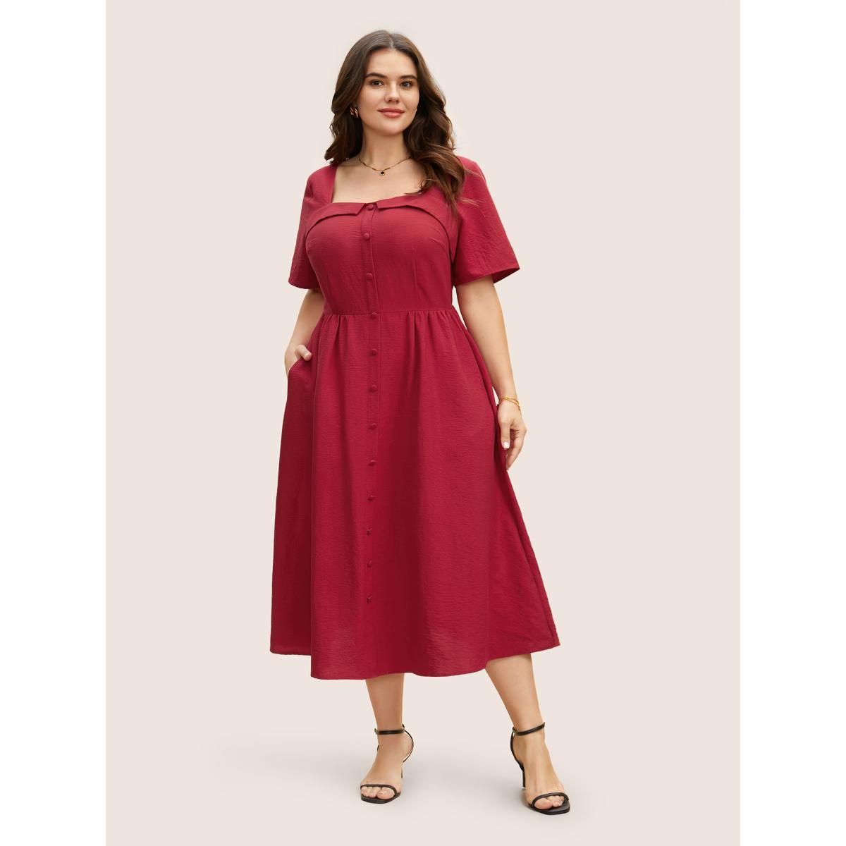 Plus Size Solid Square Neck Button Detail Midi Dress Scarlet Women Elegant Gathered Square Neck Short sleeve Curvy BloomChic 28/5X Product Image